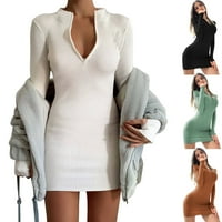 Ženska seksi osnovna pripijena Rebrasta pletena haljina džemper s patentnim zatvaračem s izrezom u obliku donjeg
