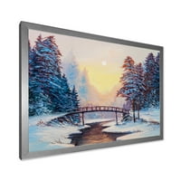 DesignArt 'snježno pokriveni krajolik i mali most' tradicionalni uokvireni umjetnički tisak