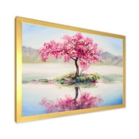 DesignArt 'orijentalna trešnja ružičasta stabla sakura na jezeru' jezero uokvirena umjetnički tisak