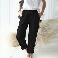 Eguiwyn lanene elastične hlače za žene za žene čvrste boje labave ravne hlače s džepovima za posao na plaži