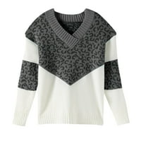 Ženski džemperi s leopardovim printom s izrezom u obliku slova U i dugim rukavima, pleteni pulover na pruge, jesensko-zimski
