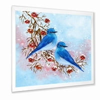 DesignArt 'dvije plave ptice koje sjede na grani s bobicama zimi' tradicionalni uokvireni umjetnički tisak