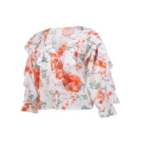 CALSUNBABY WOMEN RUFFLE majica s gumbama, odrasli slovo od solidne boje leptir biljni ispis v-izreza bluza dugih