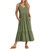 Ženska osnovna haljina u duljini čaja s džepovima, jednobojni nabrani ljetni sarafan na plaži bez rukava s izrezom