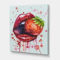 Dizajnerska umjetnost crvene usne djevojke koja jede jagode moderan ispis na zidu na platnu