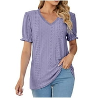 Ženski puff kratki rukavi vrhovi čipka V vrat mreža šuplje tunične košulje Summer casual labave pulover bluza