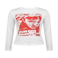 Diconna Ženski grafički skraćene top dugi rukav Y2k t-Shirt s portret lica E-Girl Harajuku Majica Estetski ljetna